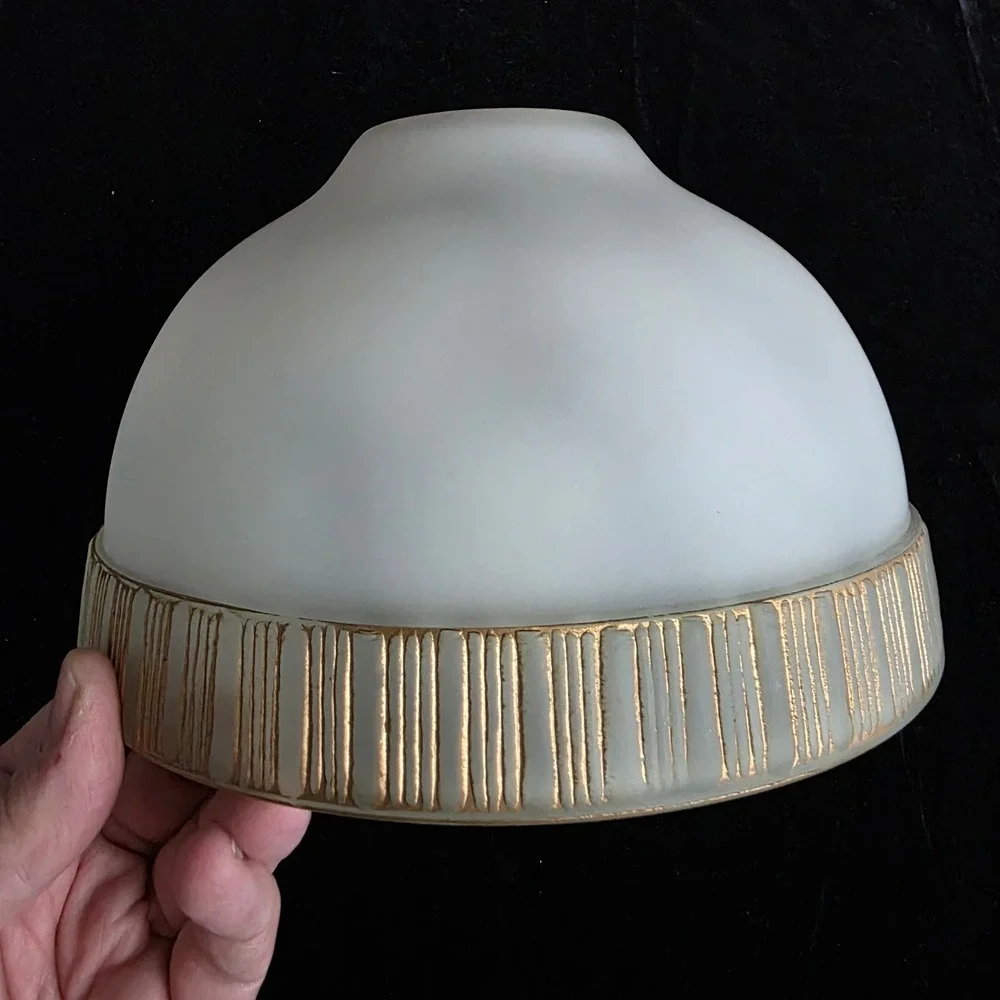 VTG MCM Pendant Frosted Dappled Glass Lamp Shade Gold Striped Band 1 5/8 Fitter
